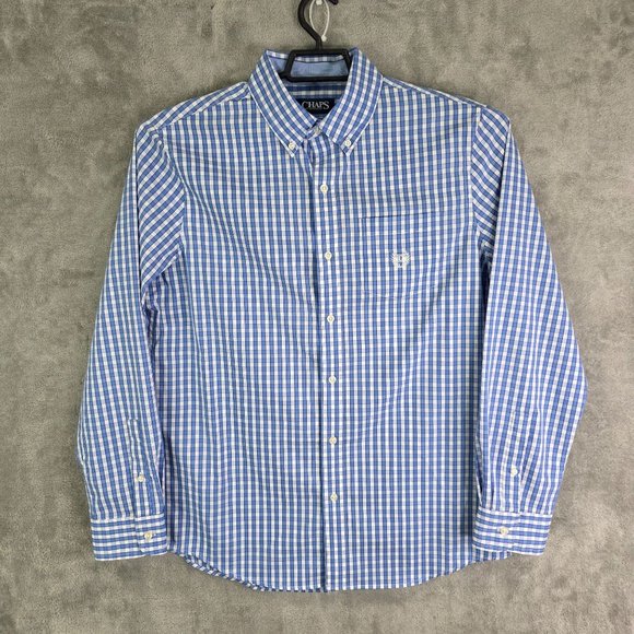 Mens Blue & White Gingham Chaps Shirt Long Sleeve Button Down Stretch Size M - Picture 2 of 9